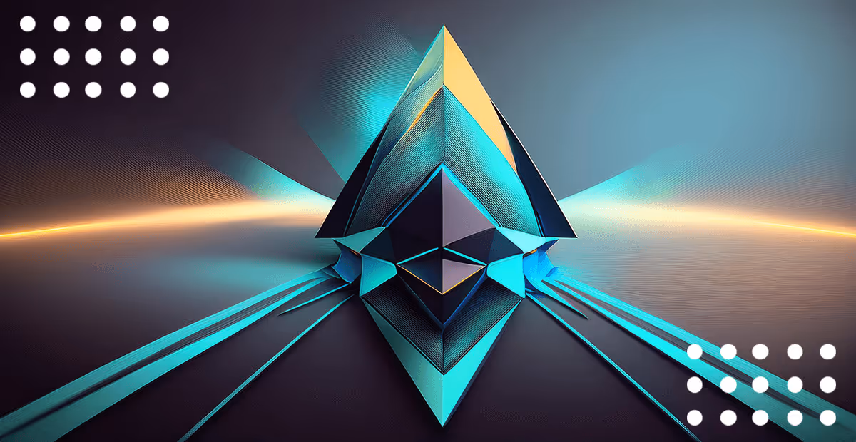 Abstract geometric pyramid structure in teal and gold with emanating light rays on dark background