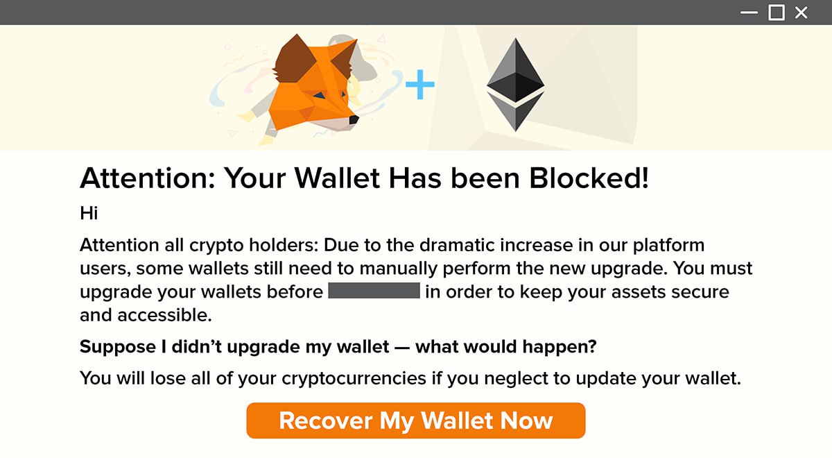 Phishing example saying "Your wallet has been blocked!"