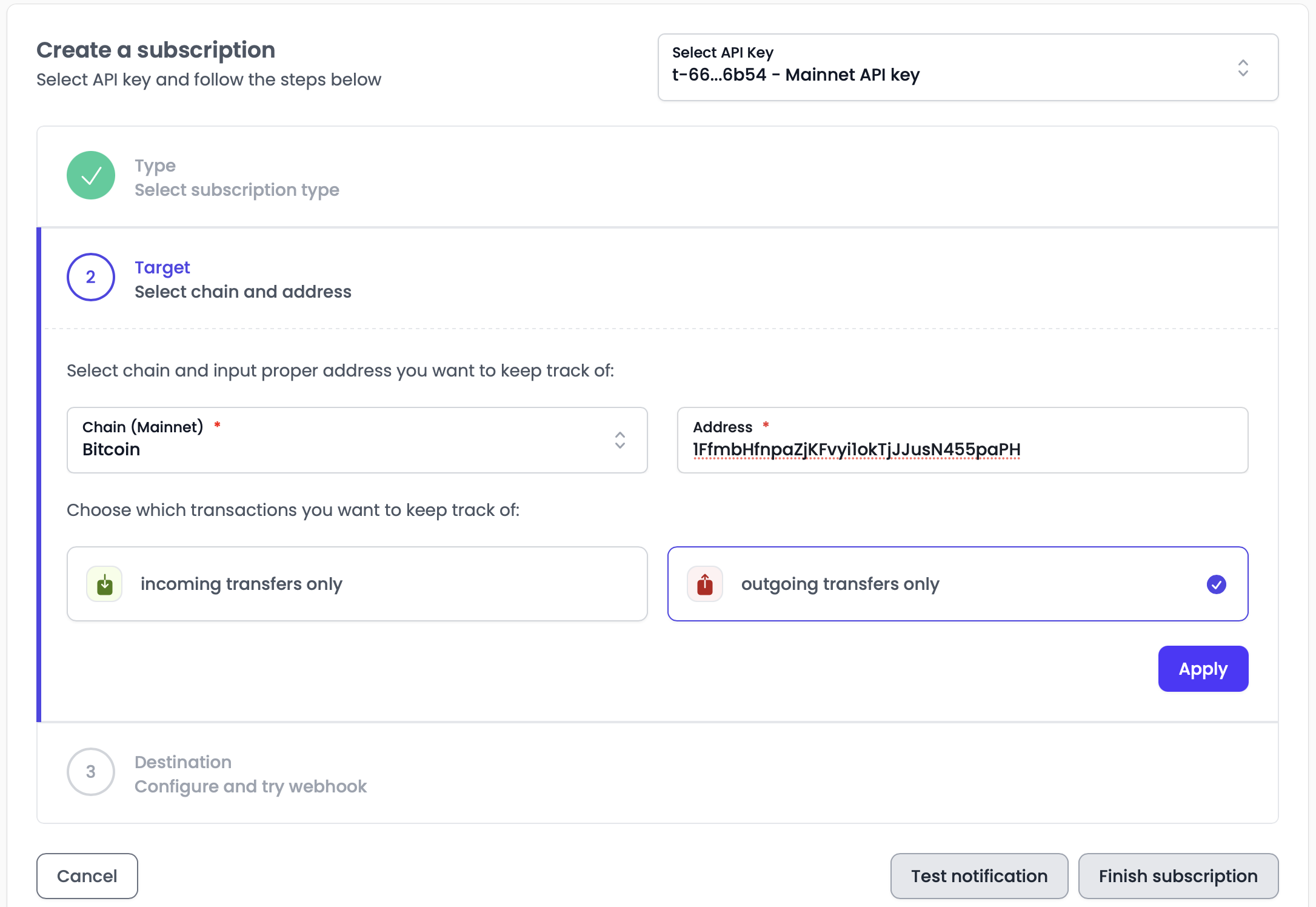 Setting up notifications on Tatum dashboard - step 2