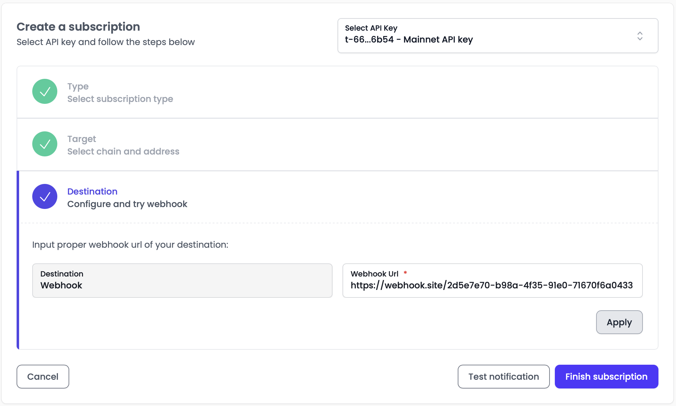 Setting up notifications on Tatum dashboard - step 3