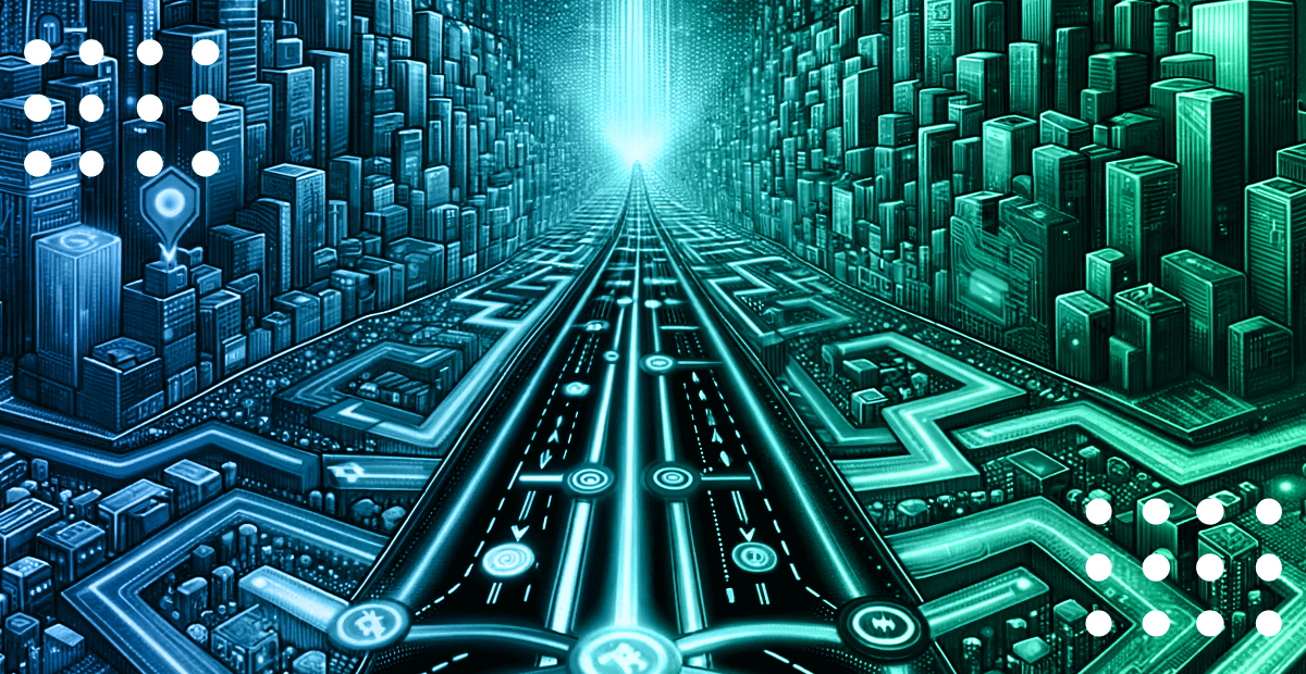 Illustration of a road in a city representing a blockchain network