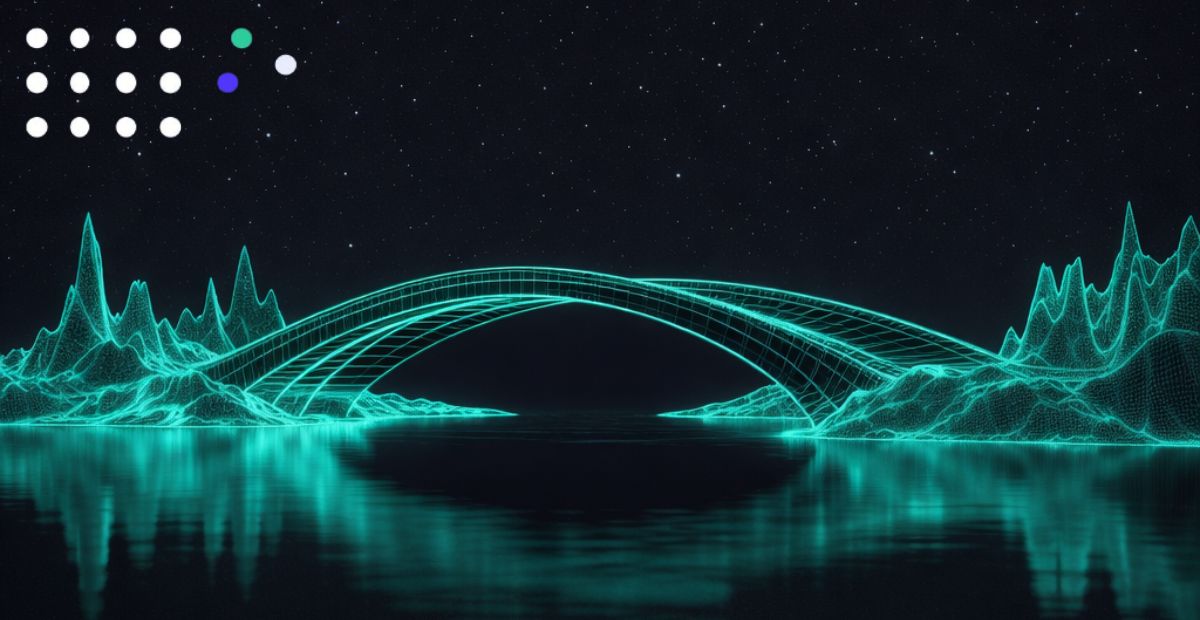  glowing teal wireframe bridge connecting two digital landmasses over reflective water. The scene features a high contrast Tatum blue gradient sky and represents blockchain interoperability and cross chain connectivity.