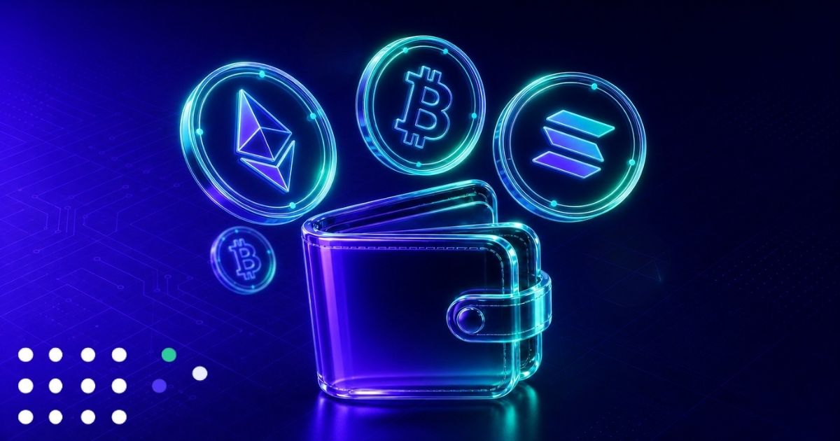 Neon digital wallet illustration with glowing Ethereum, Bitcoin, and Solana icons floating above a futuristic crypto Wallet As A Service.