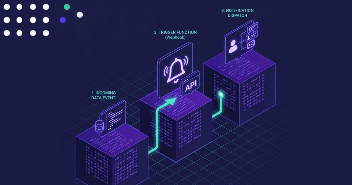 Infographic titled “Real-Time Alerts – 4 Easy Steps” on a dark blue grid background. Three connected purple 3D blocks illustrate the workflow: 1. Incoming Data Event (database icon), 2. Trigger Function with Webhook (bell and API icons), and 3. Notificatio